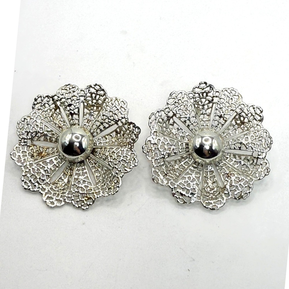 Sarah Coventry Silver Tone‎ Filigree Flower Clip On Earrings Vintage Lace Design